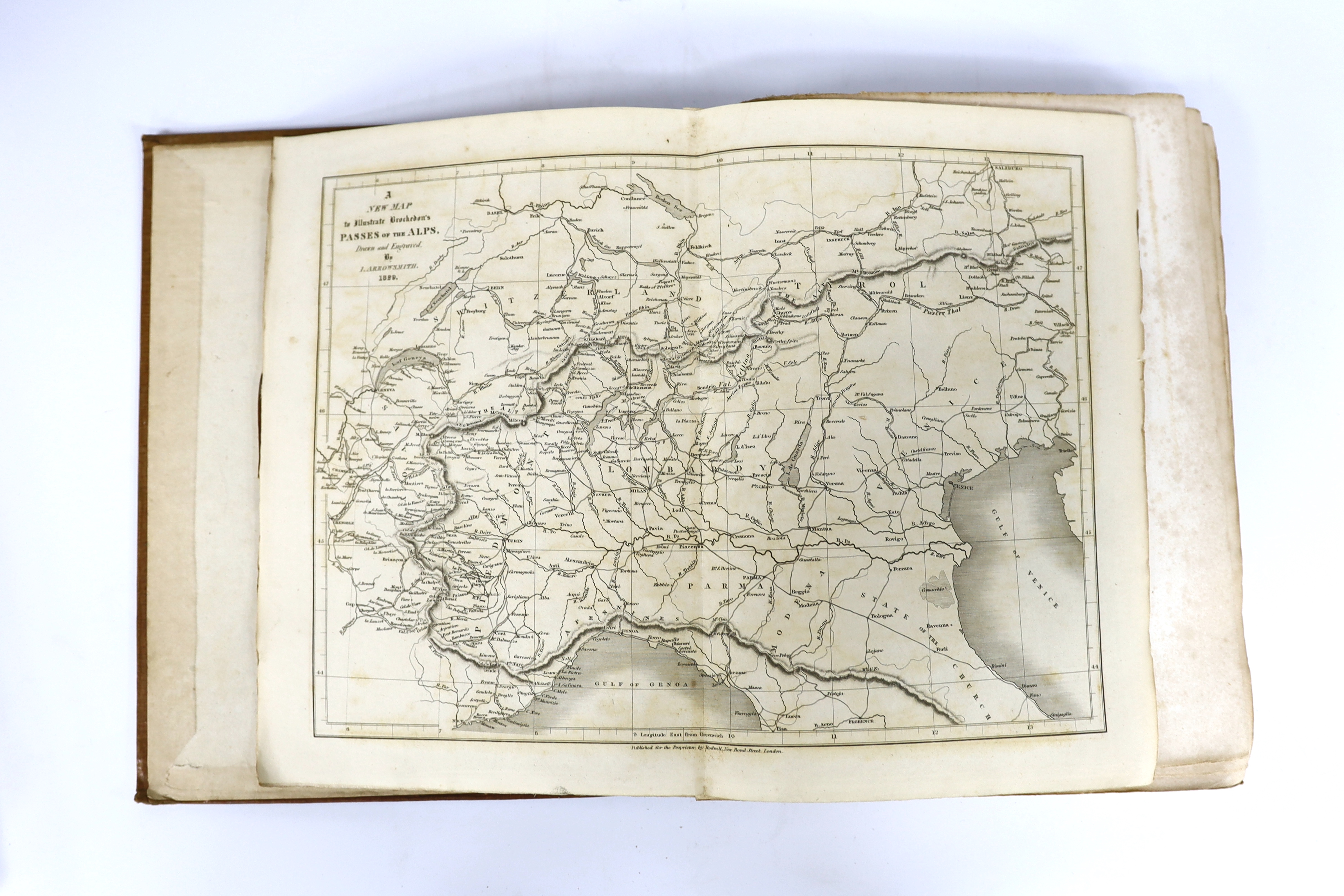 Brockedon, William - Illustration of the Passes of the Alps.....2 vols. 96 plates and 13 maps (I d-page); old cloth and leather spine labels, 4to. 1828-29